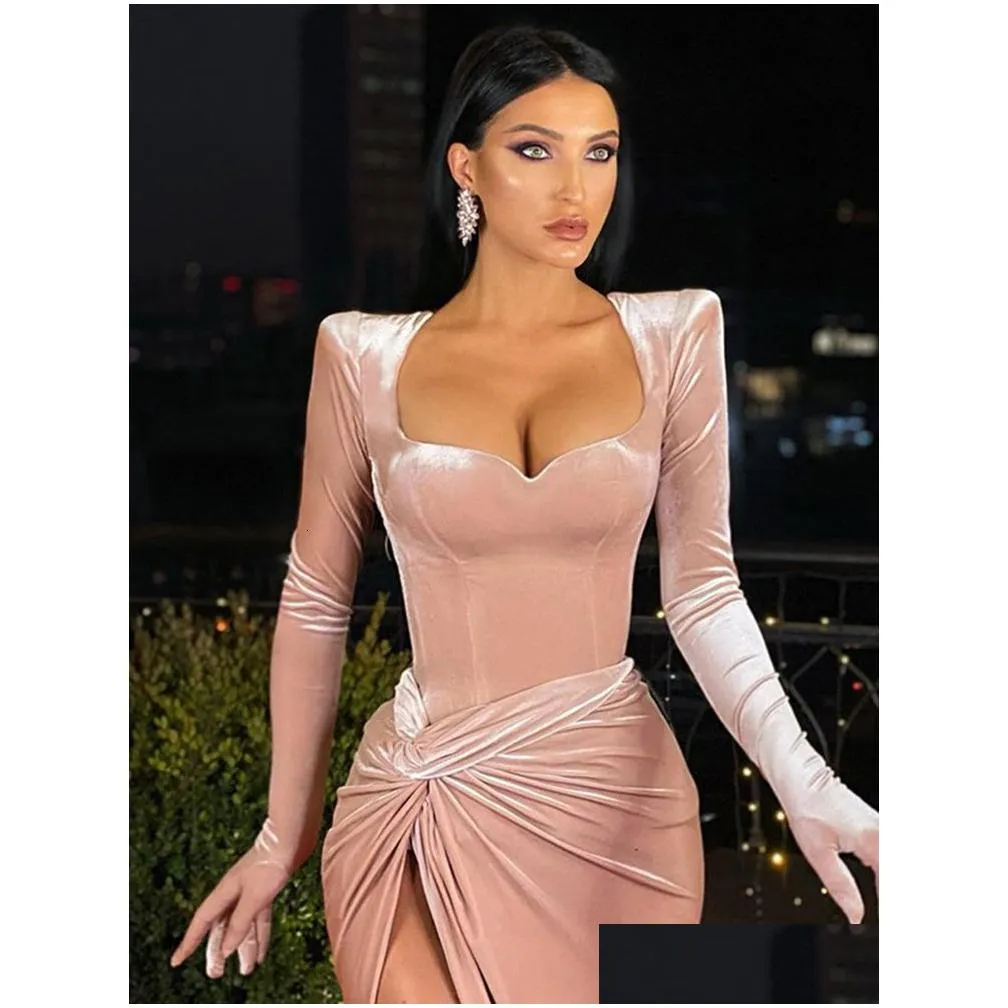 Basic & Casual Dresses Cryptographic Elegant Gown Long Dress Evening Club Outfits For Women Gloves Sleeve Veet Y Slit Maxi Ruched 230 Dhks9