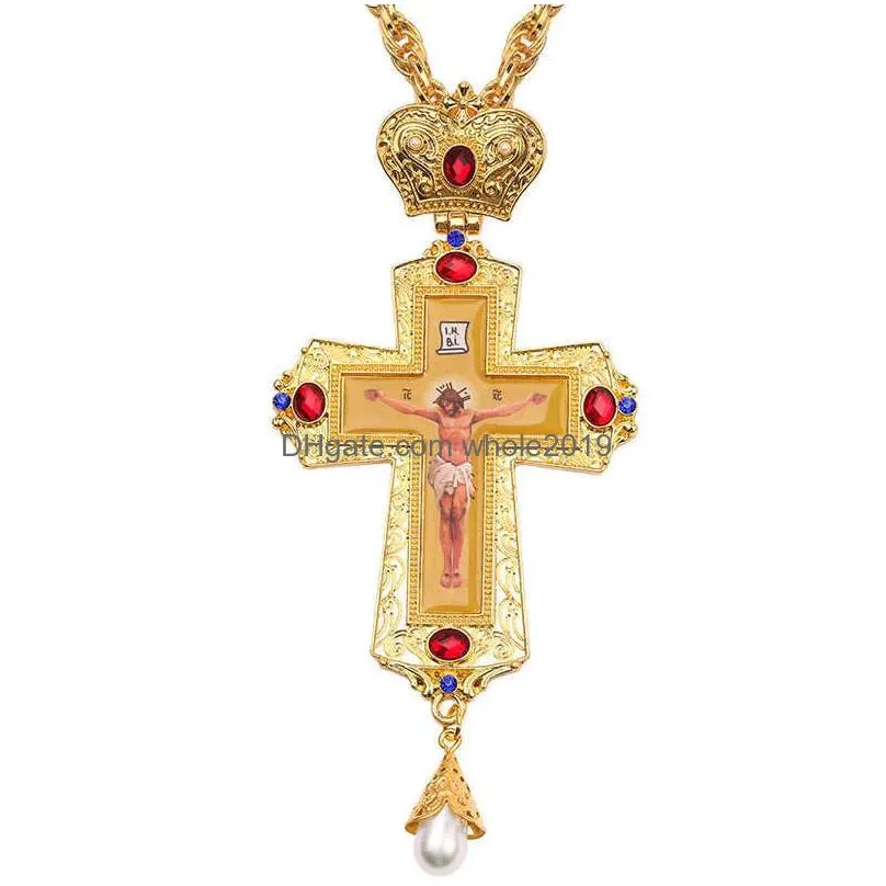 Pendant Necklaces Gold Plated Pectoral Cross Russian Greece Crucifix Relius Necklace Byzantine Art And Orthodox Tradition Drop Deliver Dhlvb