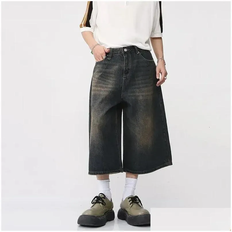 Men`S Shorts Y2K Mens Vintage Streetwear Breeches Korean Harajuku Denim Wide Leg Trouser Short Pants Jorts Bermudas Jeans Alt Clothes Dhve9