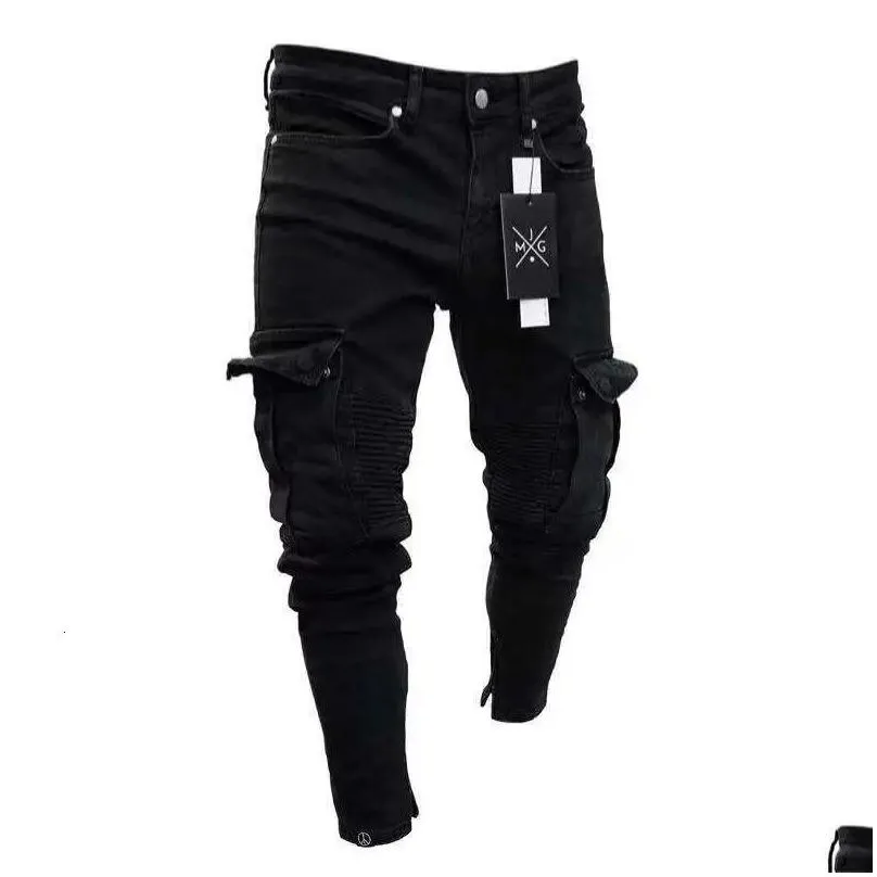 Men`S Jeans Mens Stretch Black Big Side Pockets Cargo Fashion Zipper Small Foot Denim Pants Elastic Jogging Trousers Streetwear 23122 Dhyah