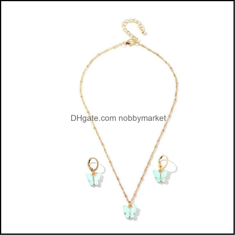 2020 Butterfly Pendant Necklaces And Earrings Set For Women Girls Fashion Pink Gold Necklace Elegant Choker Fashion Sweet Jewelry Gift