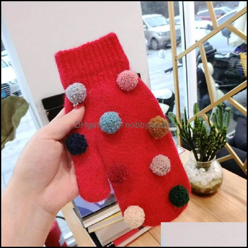 Five Fingers Gloves Christmas Gift Pom Fingerless Mittens Warm Winter Women Fur Knitted Blended Warmer Red Mitten Outdoor