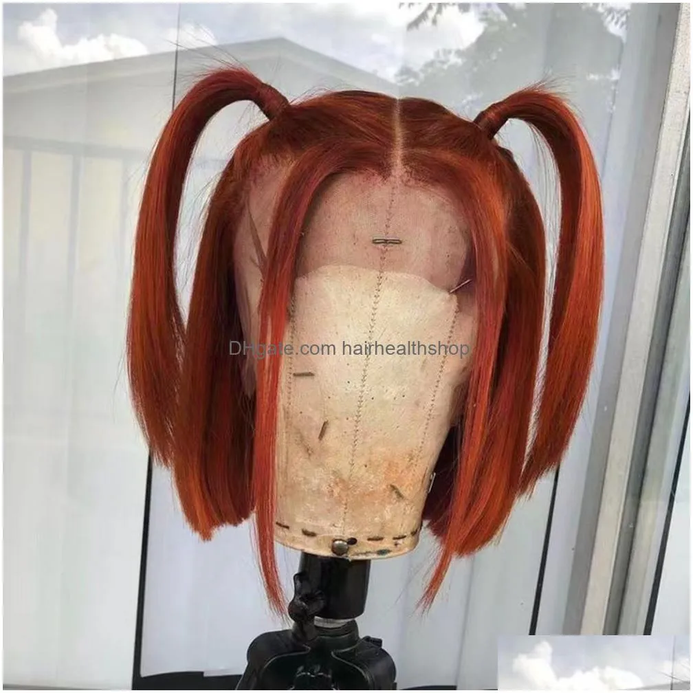 Lace Wigs RONGDUOYI Orange Pink Colored Short Bob Synthetic Silky Straight Hair Front Wig for Women Cosplay Use Heat Fiber 230807