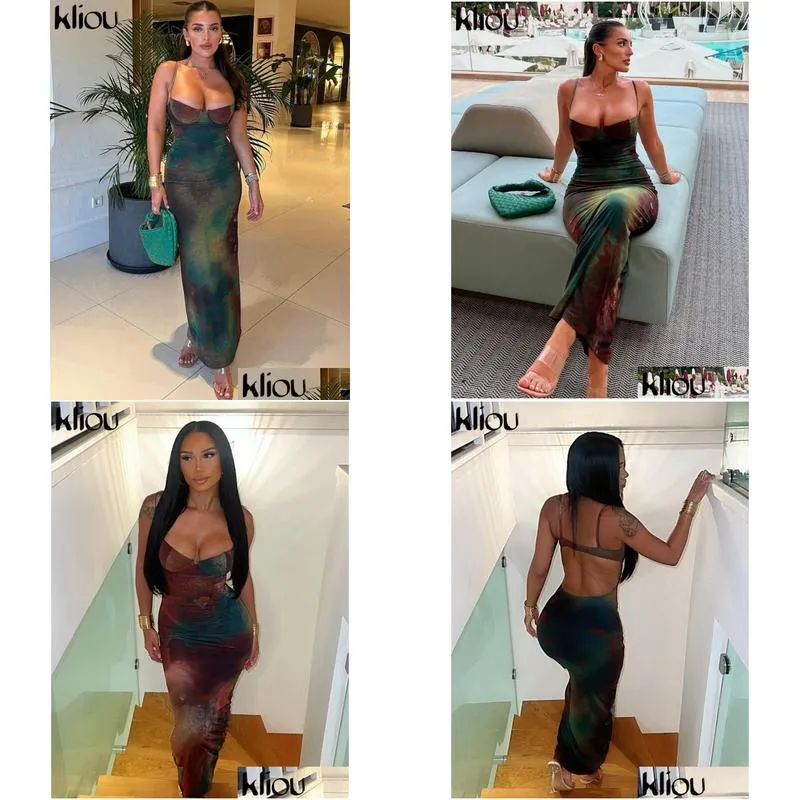 Basic & Casual Dresses Kliou Summer Women Vintage Tie Dye Print Maxi Dress Y Cleavage Body Sha Elegant Spaghetti Strap Robe Female Pa Dh5Qu