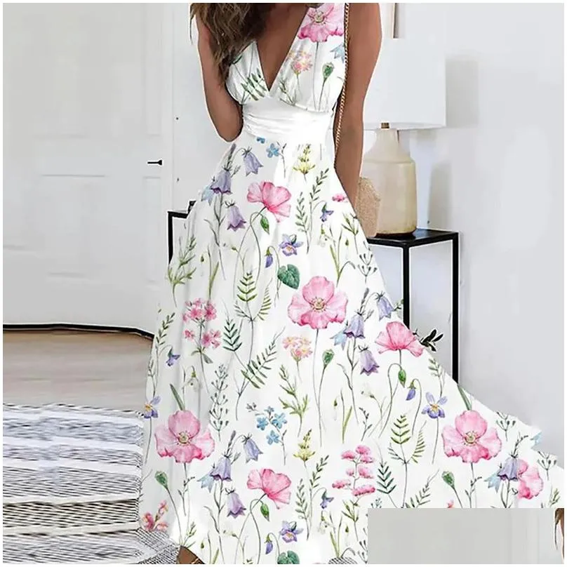 Basic & Casual Dresses Designer Dress For Woman Vestidos Vestido De Mujer Floral Print Plunging Elegant Sleeveless Maxi Womens Clothi Dhs3O