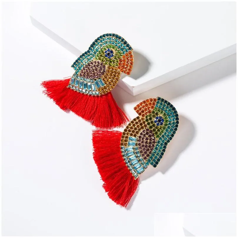 Stud Parrot Tassel Earrings Studs Casual Party Simple Acrylic Dangle Fashion Metal Rhinestone Birds Drop Earring Womens Charm Stateme Dhetz