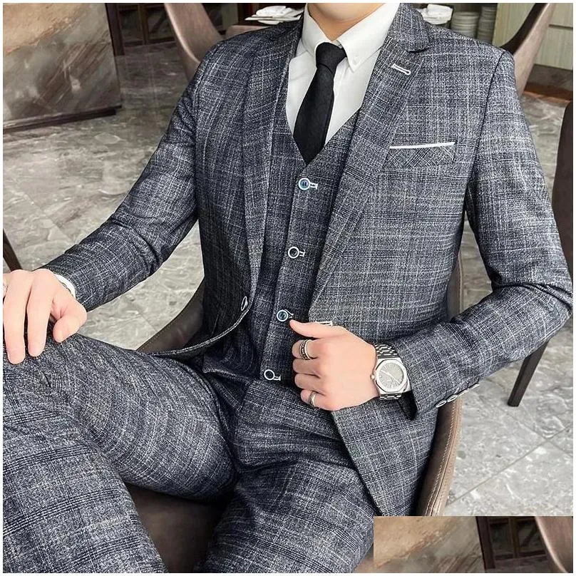 Men`S Suits & Blazers Mens Large Size S-5Xl Suit Vest Trousers Foreign Trade High-End Three-Piece Striped Formal Dress Gentleman Busi Dhc0Q