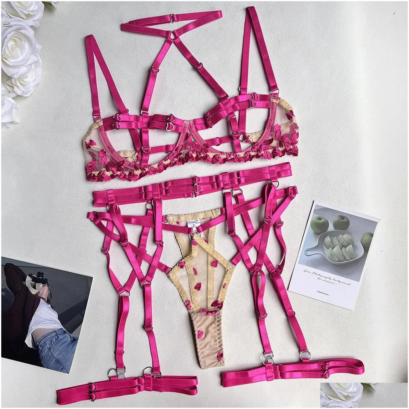 Bras Sets Ellolace Sensual Lingerie Open Bra Kit Push Up Uncensored Fancy Exotic Heartshaped Embroidery Fairy Beautif Underwear 24020 Dhaq3