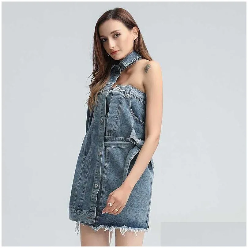 Basic & Casual Dresses Asymmetrical Denim Dress For Women Lapel Long Sleeve Hollow Out Work Tassel Streetwear Female Fashion Spring 2 Dhemx