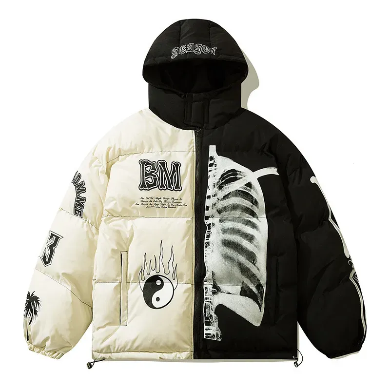 Men`s Down Parkas Mens Winter Hooded Parka Jacket Yin Yang Skeleton Print Streetwear Oversized Coat Harajuku Loose Thick Warm Outwear Unisex