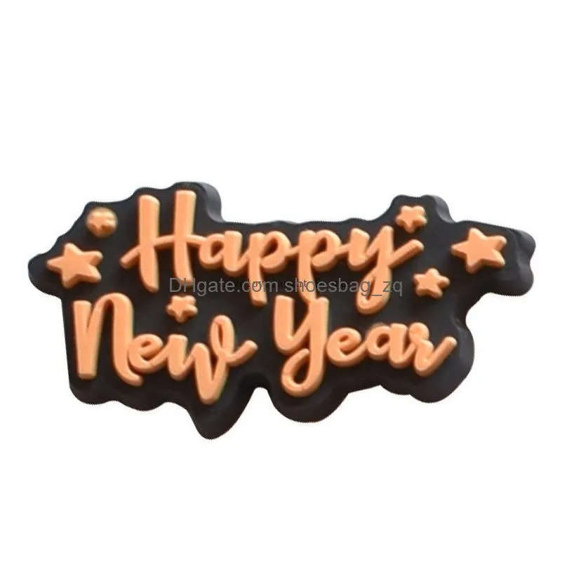 Wholesale Happy New Year Soft Pvc Croc Shoe Charm Accessories Decoration Buckcle for Clog Bracelet Wristband Party Gift Favors