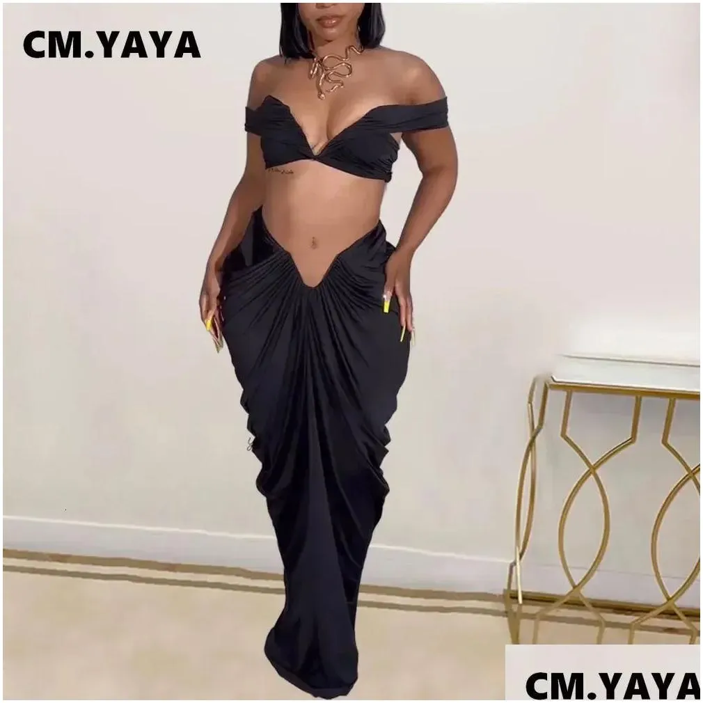 Two Piece Dress Cm.Yaya Stacked Ruched Womens Set Off Shoder Crop Top And Low Waist Maxi Long Skirts Y Party 2 Sets Outfits 240220 Dr Dhthc