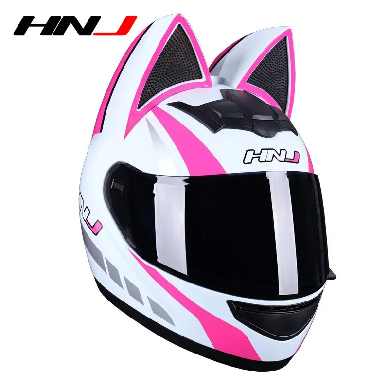 Cycling Helmets Sweet Cat Women Motorcycle Helmet Horn Cascos Moto Cute Ear Girl Motorcross Lovely Pink Bow Men Motorbike Capacete 933