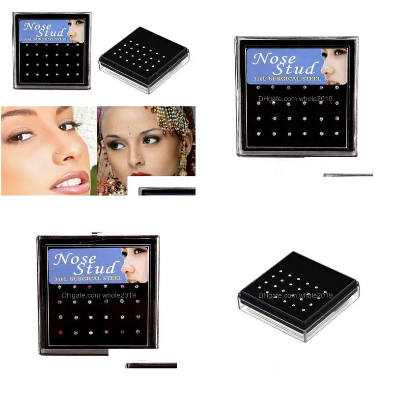 Nose Rings & Studs 24Pcs/Set Crystal Ring Stainless Surgical Steel Piercing Colorf Rhinestone Fashion Body Women Girl Jewelry Drop De Dh1Dw