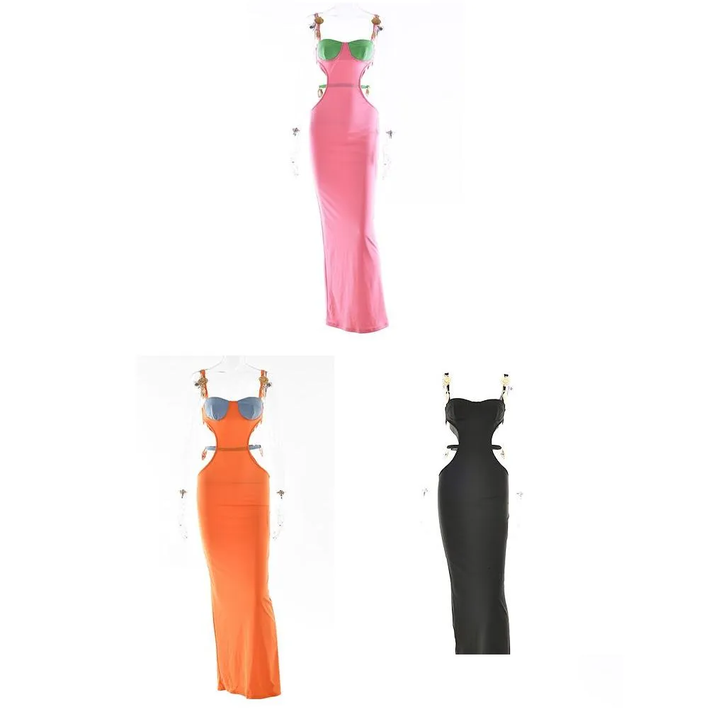Basic & Casual Dresses Y Shoder Strap Beaded Contrasting Colors Low-Cut Waistless Design Dress Summer Elegant Sleeveless Maxi Drop De Dh12O