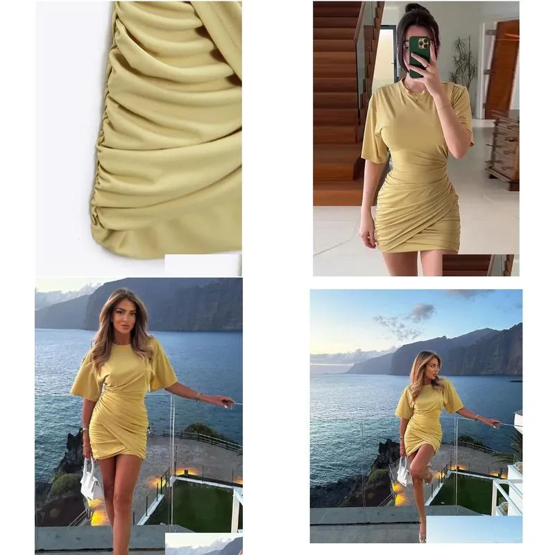 Women`S Jumpsuits & Rompers Womens Y Solid Short Sleeve Dres Elegant O Neck Pleated Mini Vestidos 2023 Summer Chic Female Club Party Dh25A