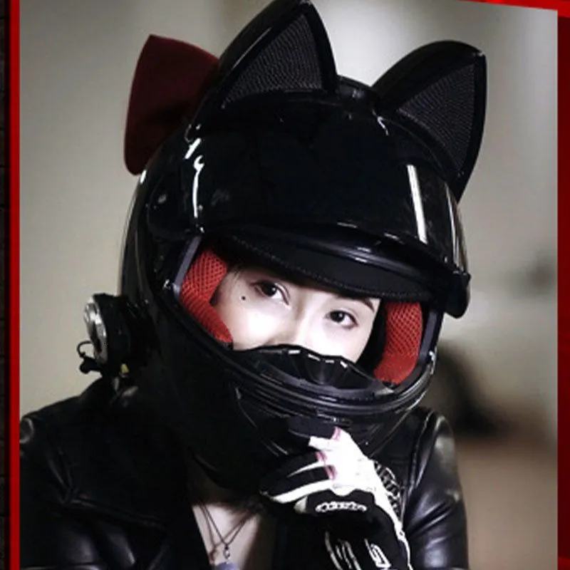 Cycling Helmets Sweet Cat Women Motorcycle Helmet Horn Cascos Moto Cute Ear Girl Motorcross Lovely Pink Bow Men Motorbike Capacete 933