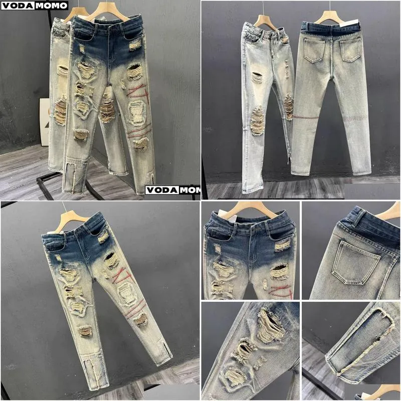 Men`S Jeans Mens Hole Ripped Men Slim Fit Skinny Hip Hop Fashion Streetwear Work Elasticity Gothic Pants Pantalon Drop Delivery Appar Dh0Nj