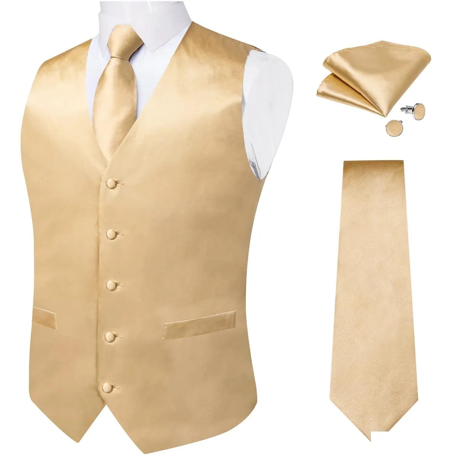Men`S Vests Mens Green Solid Silk Suit Vest For Men Tie Handkerchief Cufflinks Wedding Party Formal Tuxedo Male Blazer Waistcoat Drop Dhohr