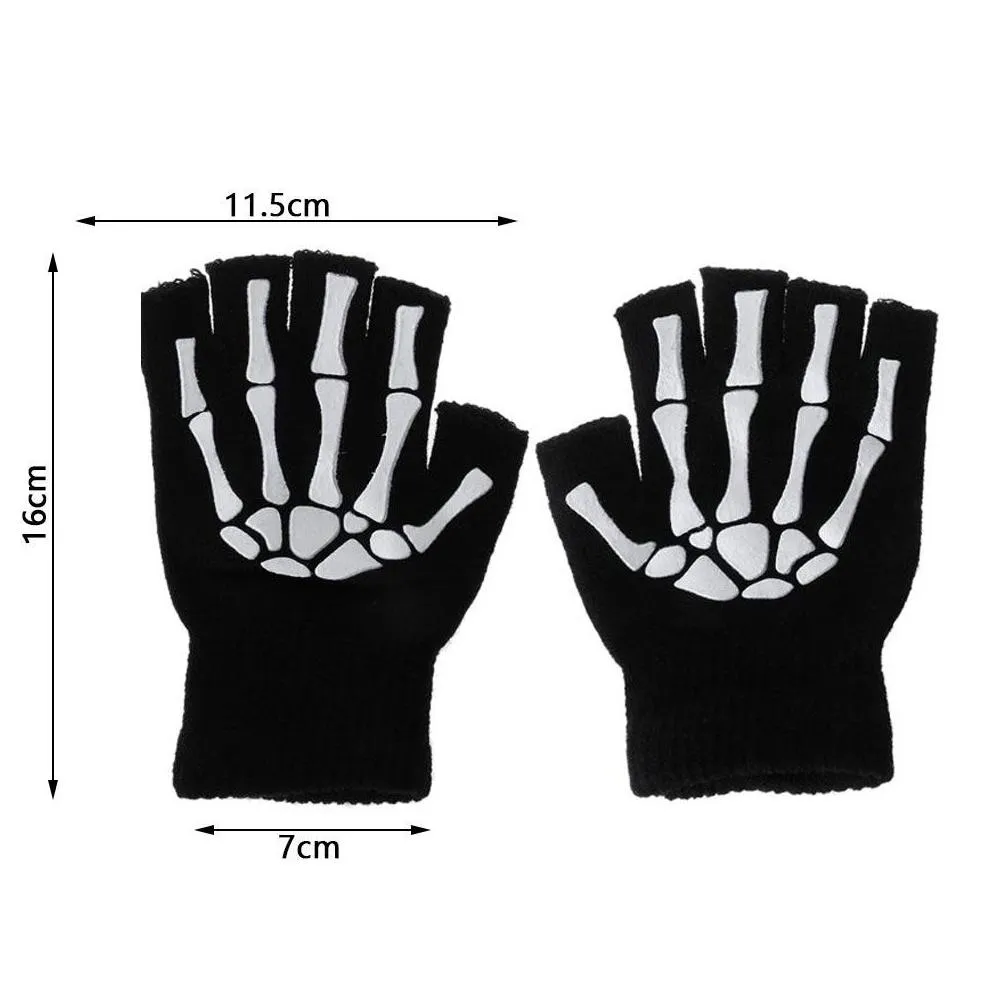 Cycling Gloves Warm Knitting For Adt Solid Acrylic Half Finger Glove Human Skeleton Head Gripper Print Non-Slip Wrist Fy5602 Drop De Dhgze