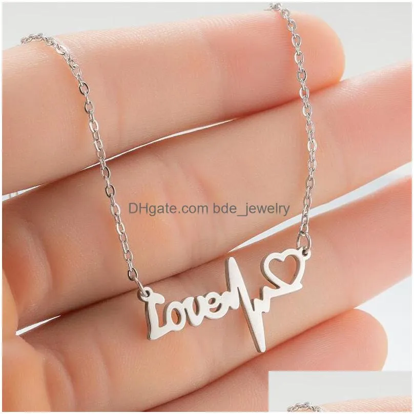 classic boho stainless steel ok gestures pendant necklaces for women love english letter heartbeat clavicle chain gift