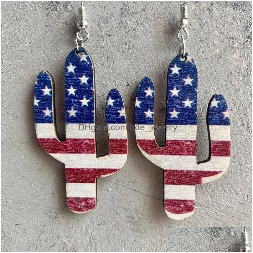dangle earrings american flag print genuine wood cow head drop statement sunflower independence day 4th for july jewelry
