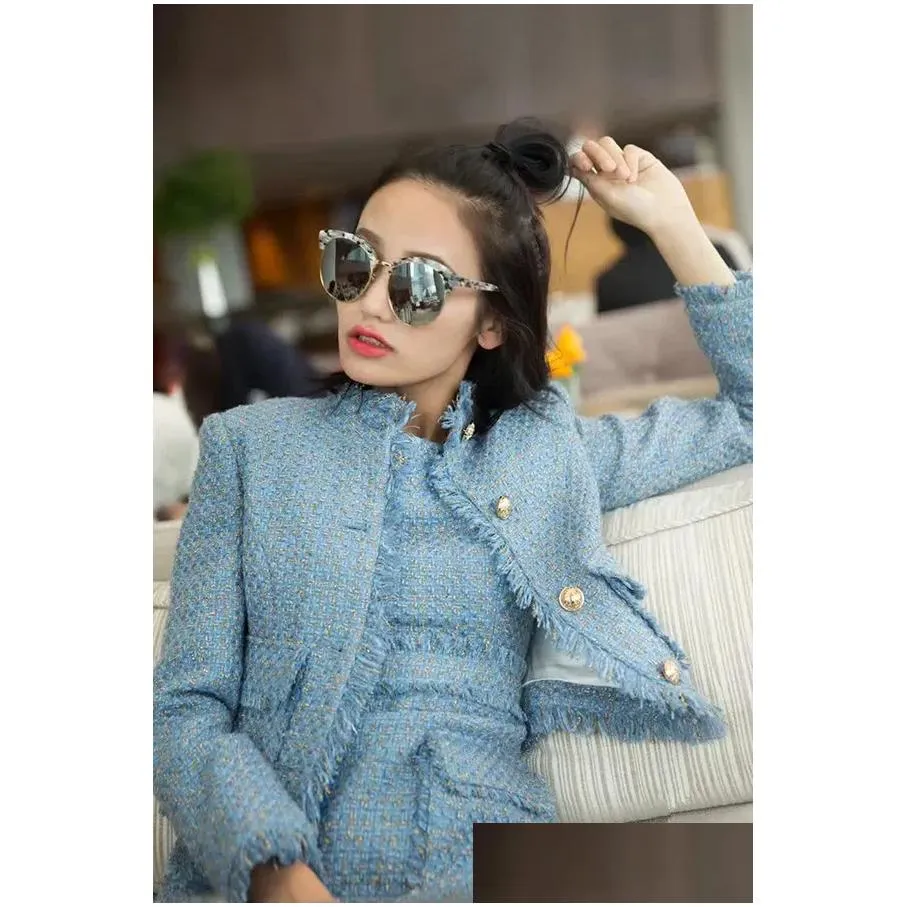 SMTHMA arrival fashion Women`s Blue and pink Tweed Jacket Coat + Two Pieces Sleeveless Tassel Dress Sets