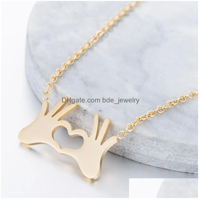 classic boho stainless steel ok gestures pendant necklaces for women love english letter heartbeat clavicle chain gift