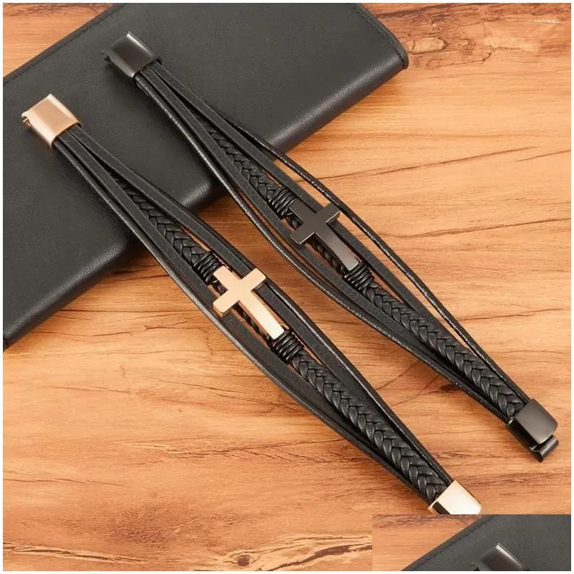 Link Bracelets Luxury Multicolor Cross Design Classic Stainless Steel Men`s Leather Bracelet 19/21/23cm Handsome Christmas Gifts