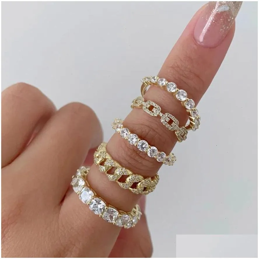 Cluster Rings Chic Cuban Link Chain for Women Ice Out Micro Pave Zirconia Tennis Ring Fashion Accessories Hiphop Rock Jewelry 230630