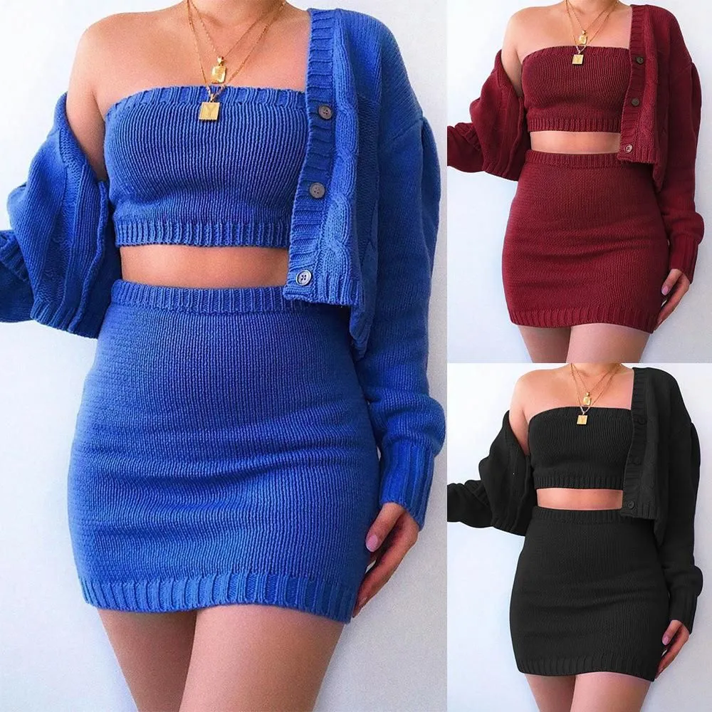 Two Piece Dress Women Knitted 3 Pieces Sets Long Sleeve Cardigan Sweater Strapless Crop Top High Waist Bodycon Skirt Sets