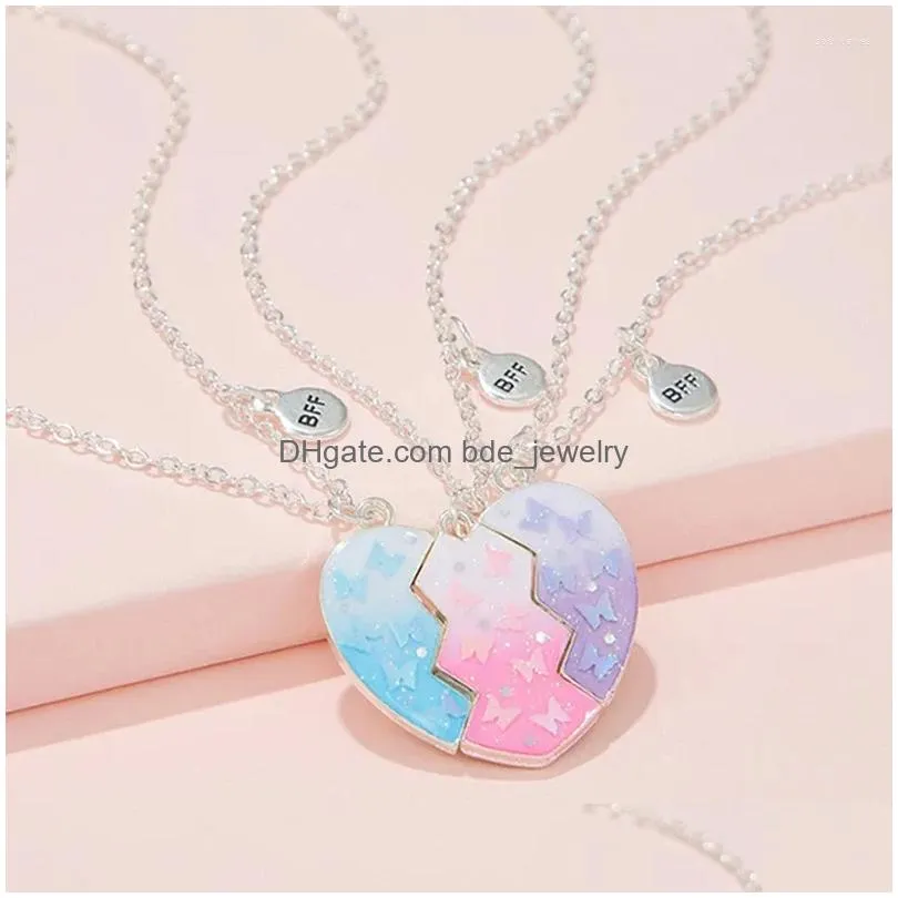 pendant necklaces 3pcs/set colorful butterfly glitter broken peach heart for 3 girls friendship bff friend jewelry gifts