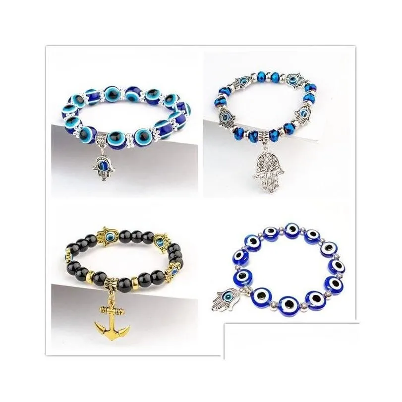 Charm Bracelets Fatima Hand Hamsa Bracelet Jewelry Women Man Gold Sier Color Fashion Blue Devil Evil Eye Plam Bell Beaded Anchor For Dhvu7