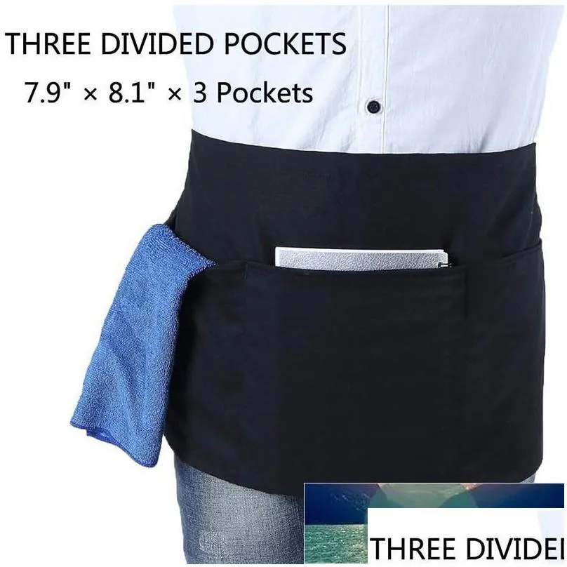 Aprons 6 Pack Black Waist With 3 Pockets - Half For Waitress Waiter 24 X 12 Inch Server Holding Book Gu1 Factory Price Expert Design Dheqi