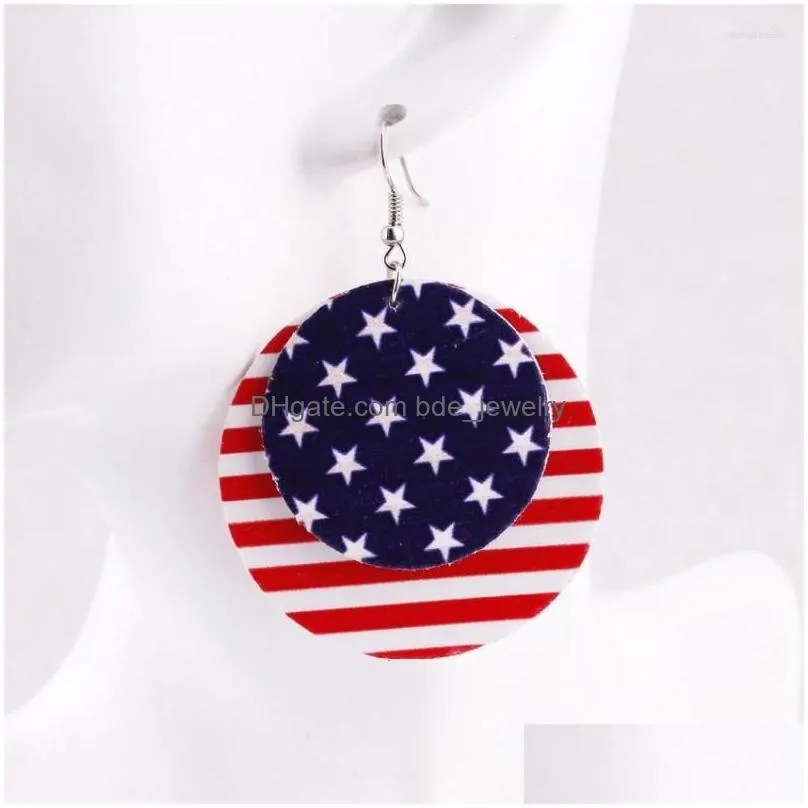 dangle earrings independence day american flag us stars and stripes pu leather round leaf teardrop drop for women jewelry