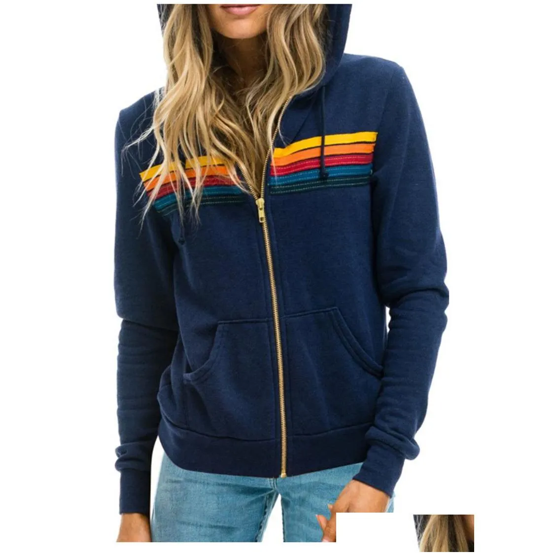 Womens Hoodies Sweatshirts Designers Hoodie Hooded Sweatshirt Women Fashion Hoody Oversized Rainbow Stripe Long Sleeve Zipper Pocke Dhlmi