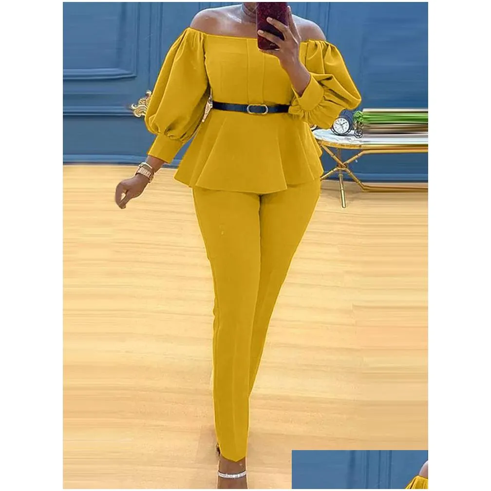 Womens Two Piece Pants Vonda Office Lady Sets Women Ruffled Blouse Off Shoder Tops And Long Trousers Suit Female Ropa De Mujer Drop Dhqky