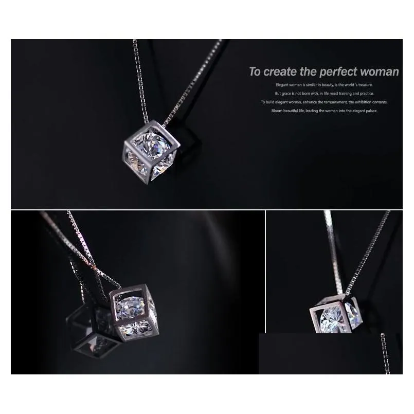 925 Sterling Silver Love Cube Diamond Pendant Necklaces S925 Crystal Shining Square Statement Link Chans Choker Necklace Wedding Vintage Womans
