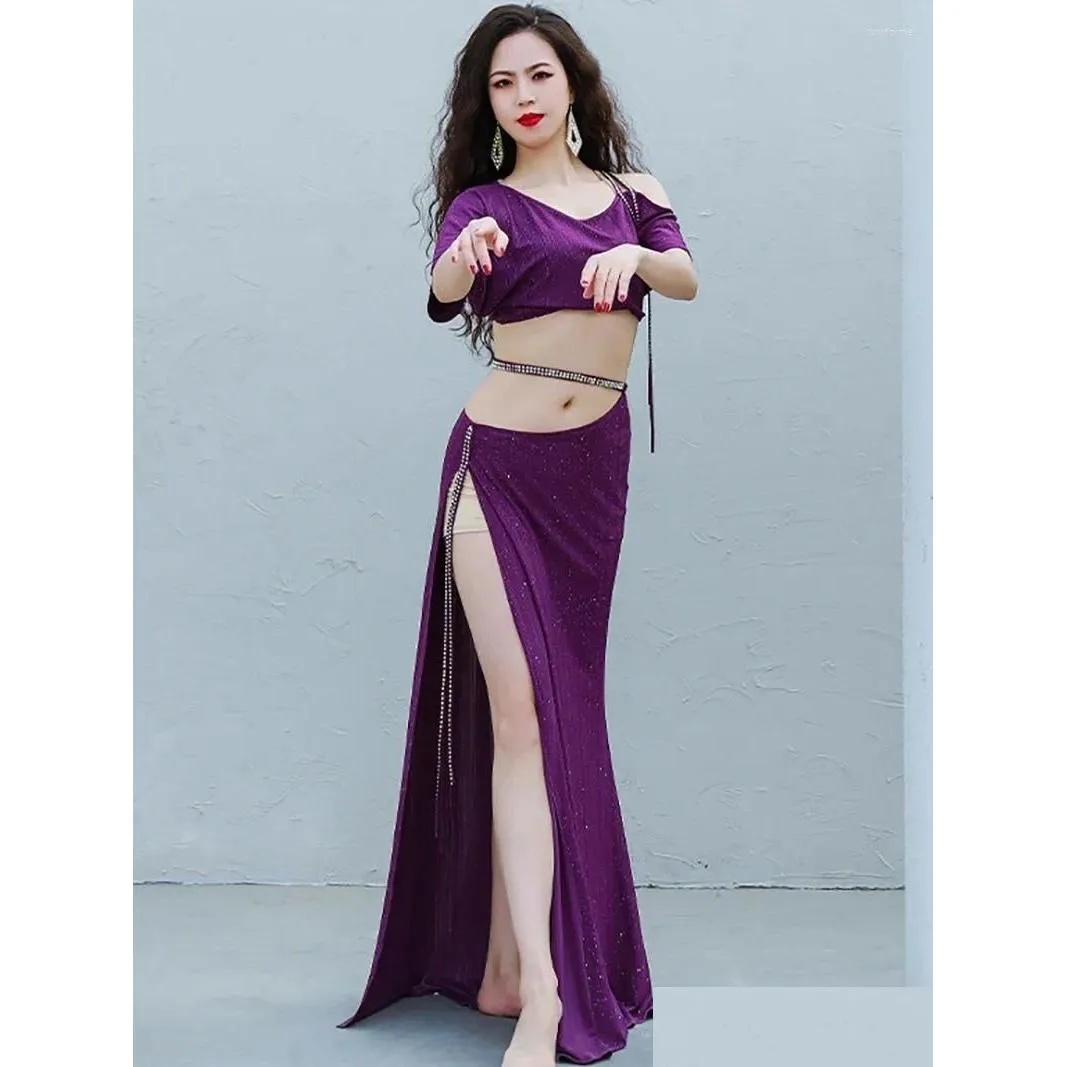 Stage Wear Women Belly Dance Costume French Short Sleeves Cut Out Shoulder Diamond Chain Skirts Practice Performance Dancewear