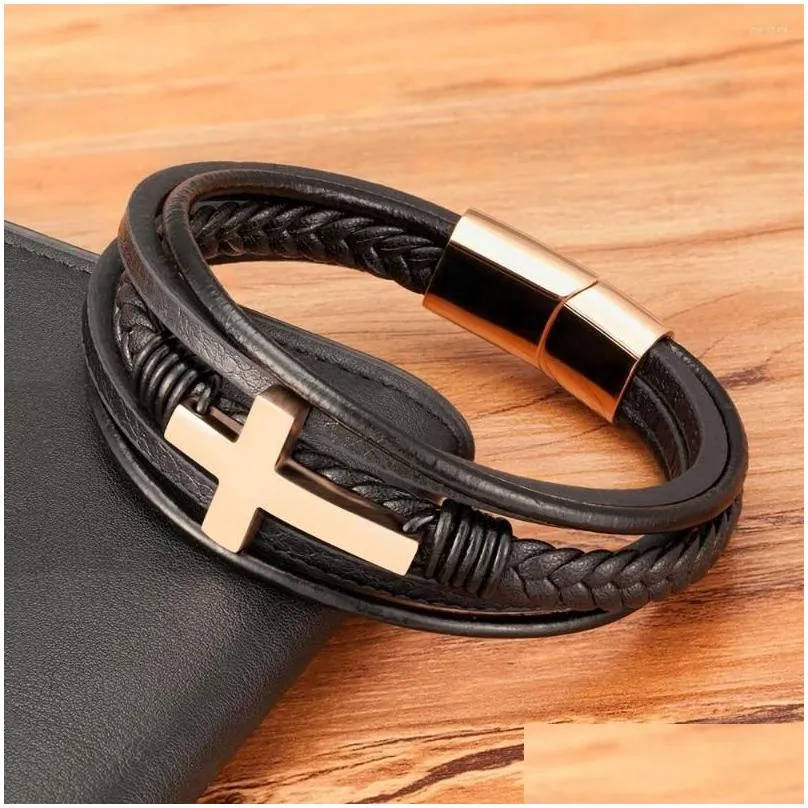 Link Bracelets Luxury Multicolor Cross Design Classic Stainless Steel Men`s Leather Bracelet 19/21/23cm Handsome Christmas Gifts