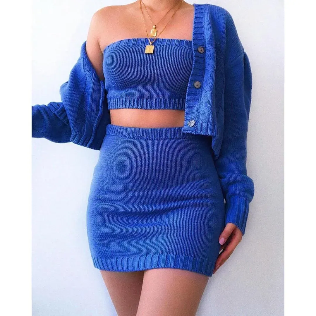 Two Piece Dress Women Knitted 3 Pieces Sets Long Sleeve Cardigan Sweater Strapless Crop Top High Waist Bodycon Skirt Sets