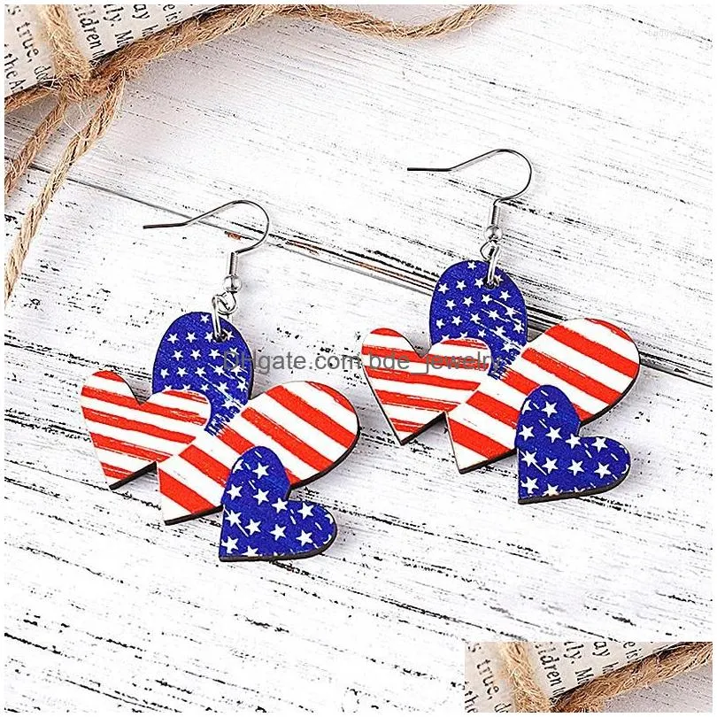 dangle earrings usa independence day for women heart shape star stripes flag printing wooden pendant drop party jewelry