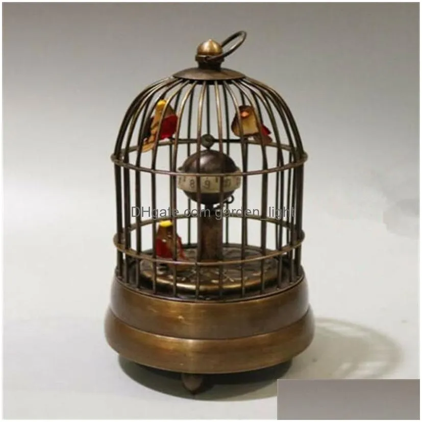  collectible decorate old handwork copper two bird in cage mechanical table clock309p
