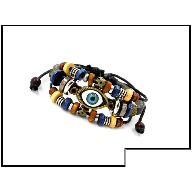 Charm Bracelets Mtilayer Bead Hand Made Turkish Evil Eye Braided Adjustable Leather Fashion Vintage Men Jewelry For Drop Delivery Dhbvs