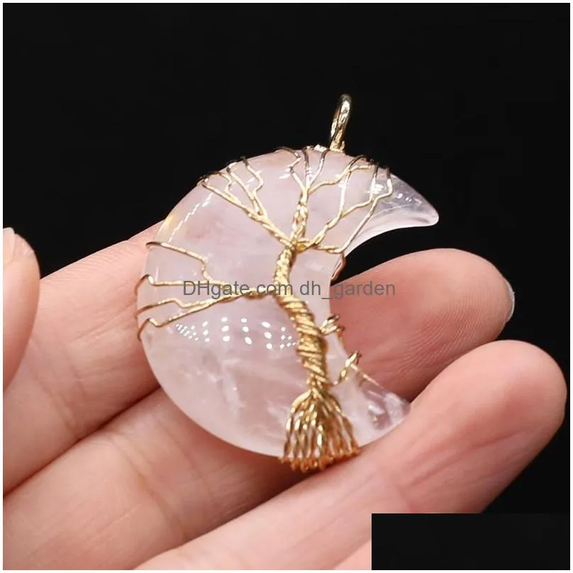 Pendant Necklaces Natural Stone Pendants Gold Color Wire Wrap Moon Amethysts Black Agates For Jewelry Making Diy Women Necklace Gift Dhvxb