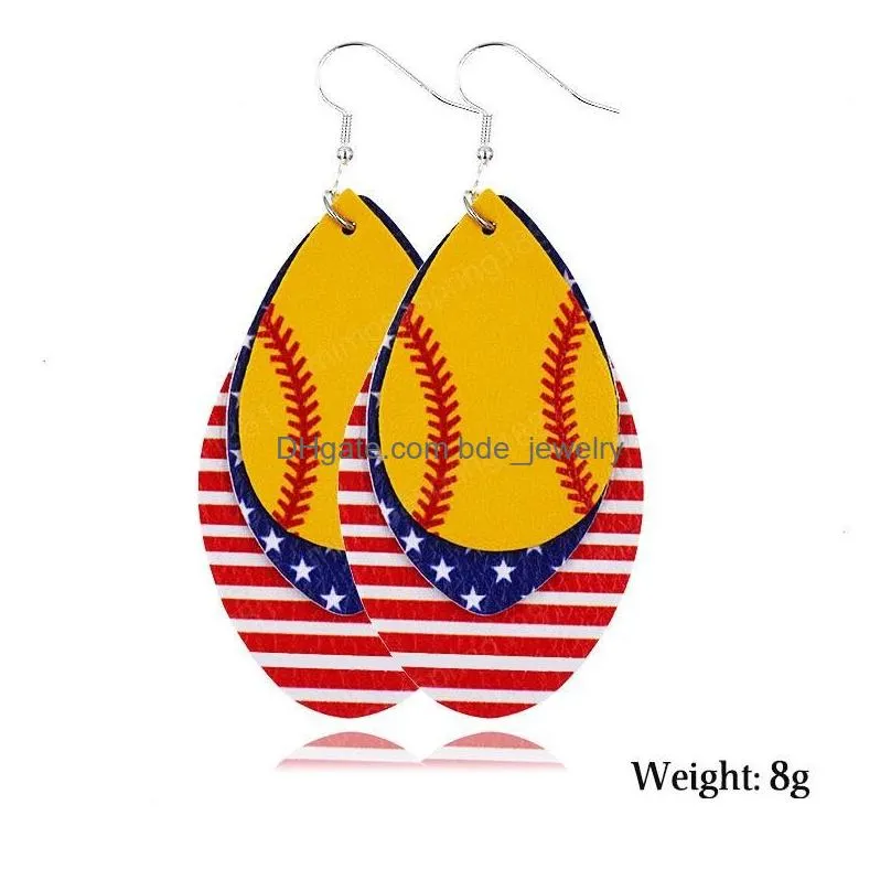  fashion independence day women dangle earrings jewelry gifts baseball football softball sport pu leather american flag earrings
