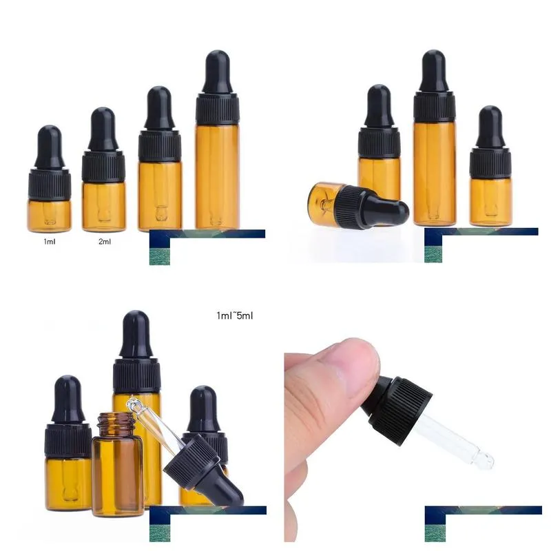 Packing Bottles Wholesale Black Dropper Cap Amber Glass Round 1Ml 2Ml L 5Ml Sample Essential Oil Pipette Container For Travel Drop Del Dhrws