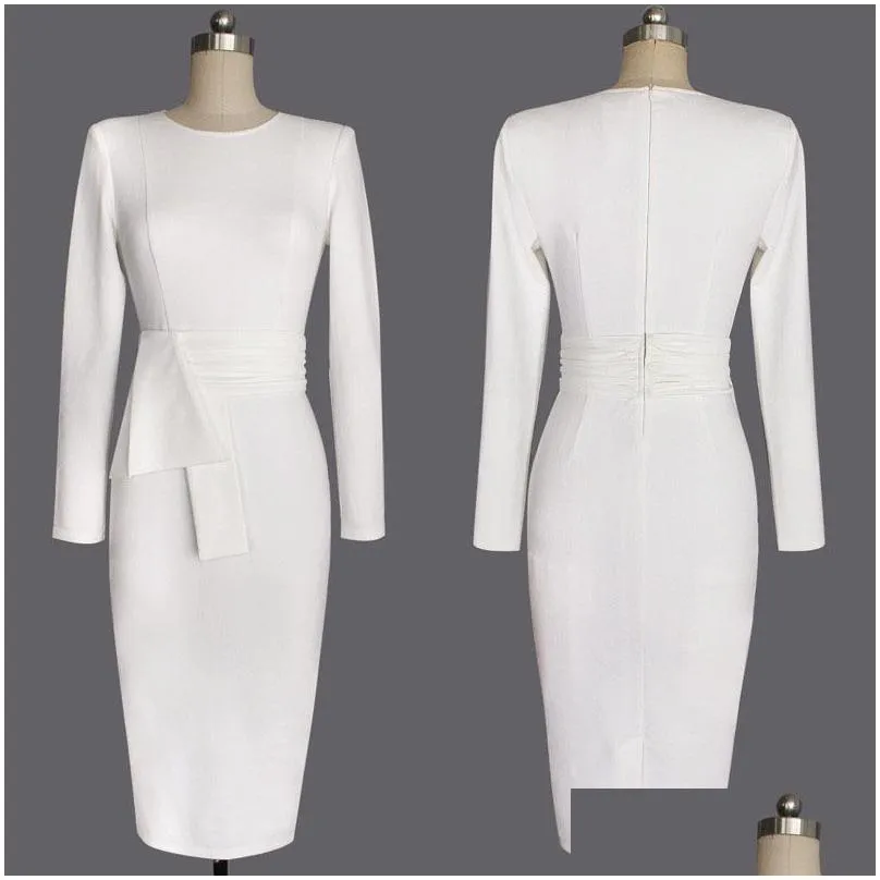 Casual Dresses Autumn Winter Long Sleeve White O Neck Belted Plain Dress Office Formal Women Sexy Bodycon Bandage Elegant Party Slim Dhyr3
