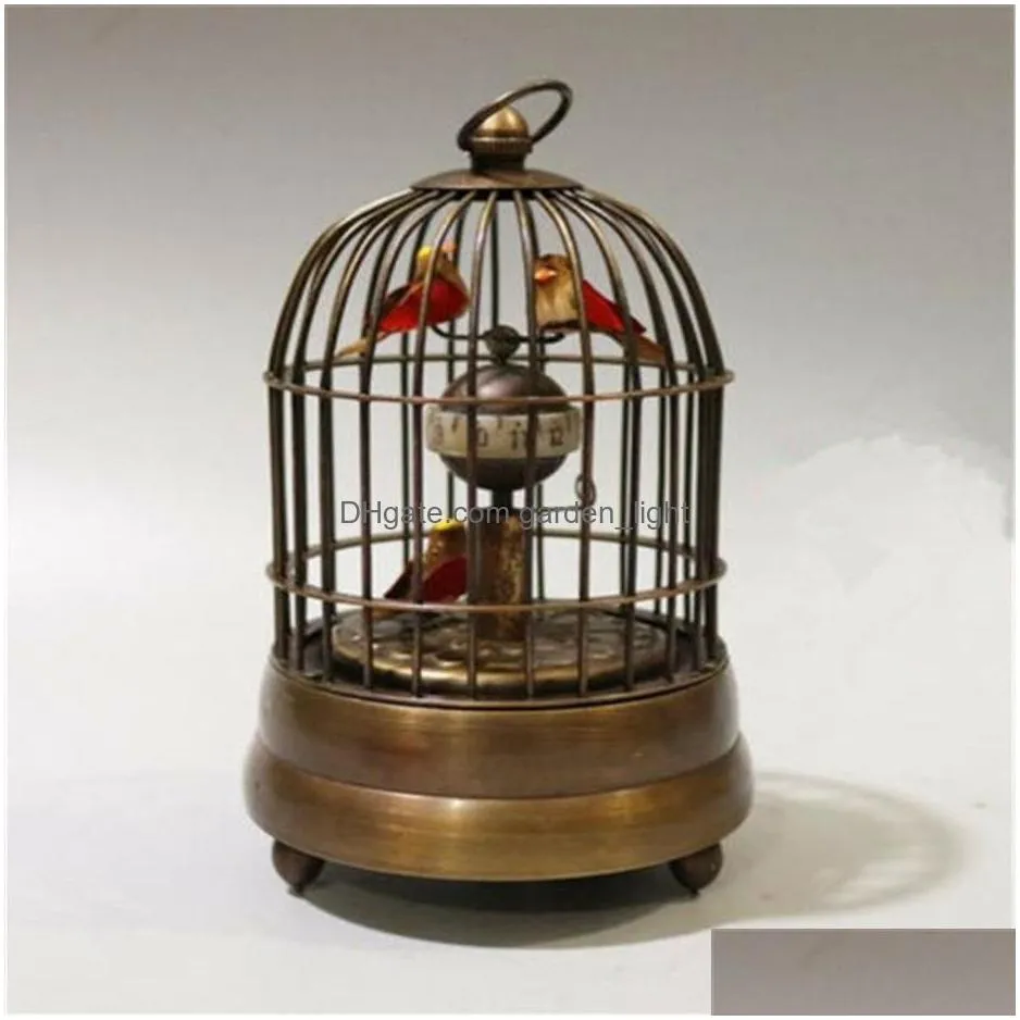  collectible decorate old handwork copper two bird in cage mechanical table clock309p