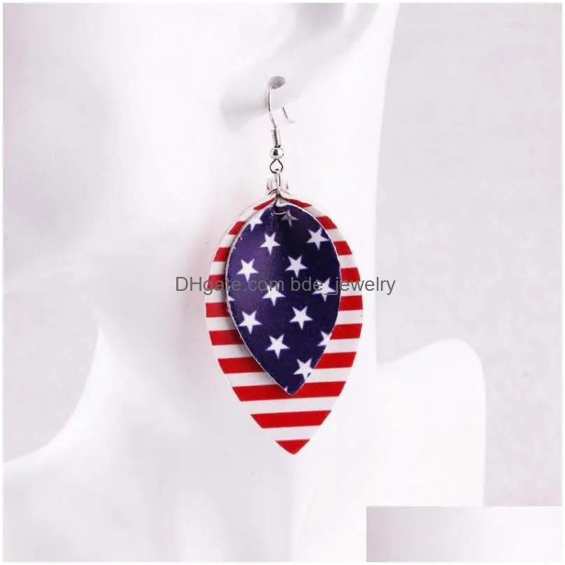 dangle earrings independence day american flag us stars and stripes pu leather round leaf teardrop drop for women jewelry